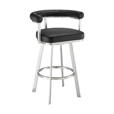 Armen Living Nolagam Swivel Bar Stool in Brushed Stainless Steel with Black Faux Leather 840254335660